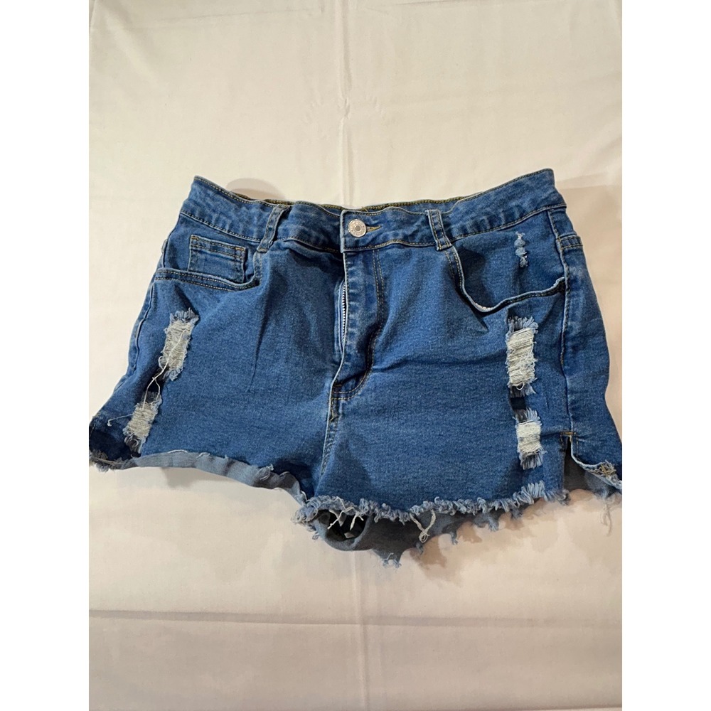 Womens Distressed Denim Jean Shorts Medium Wash Frayed Hem Size Large Distressed